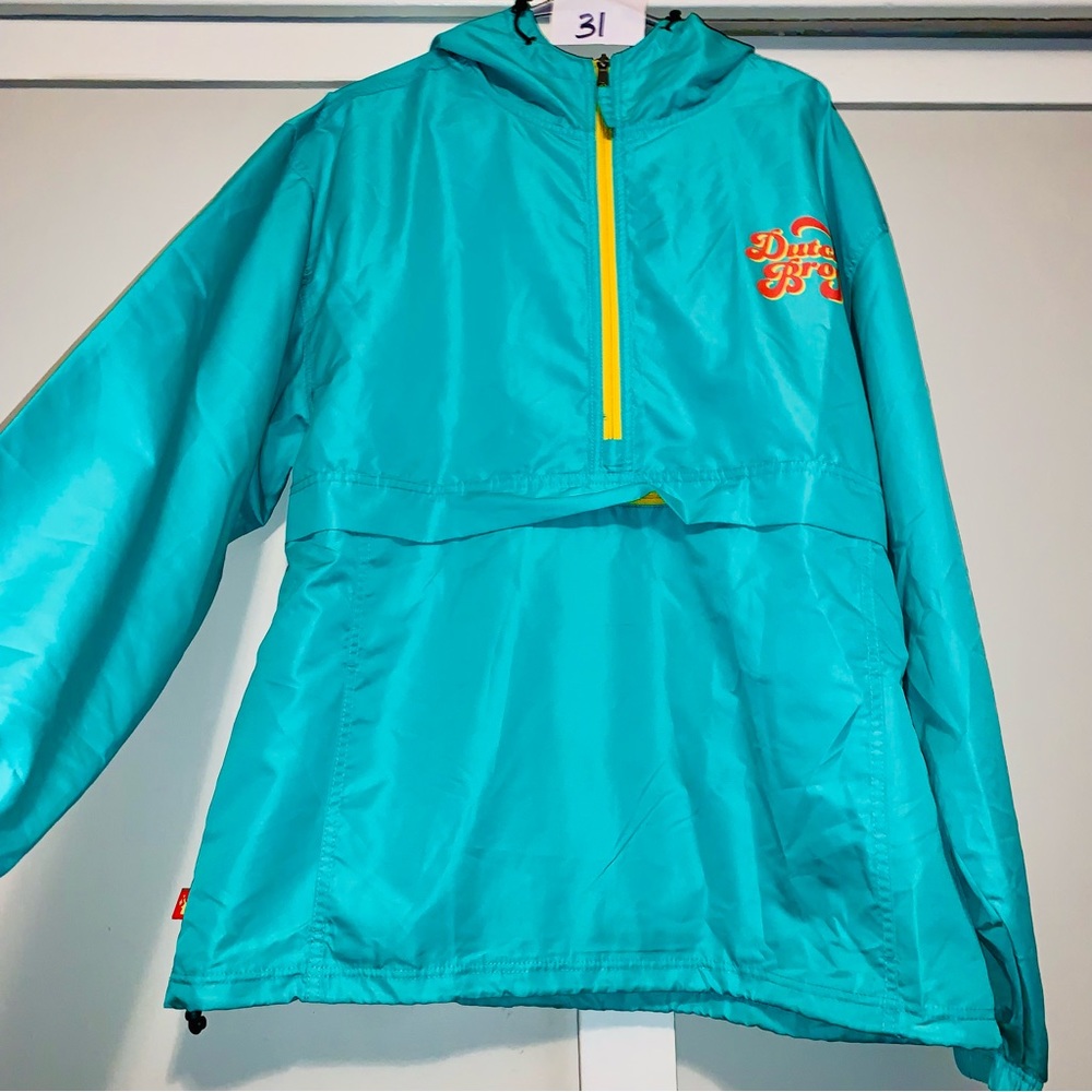 Dutch Bros windbreaker jacket 2X-LARGE turquoise yellow hooded half zip XXL 2XL